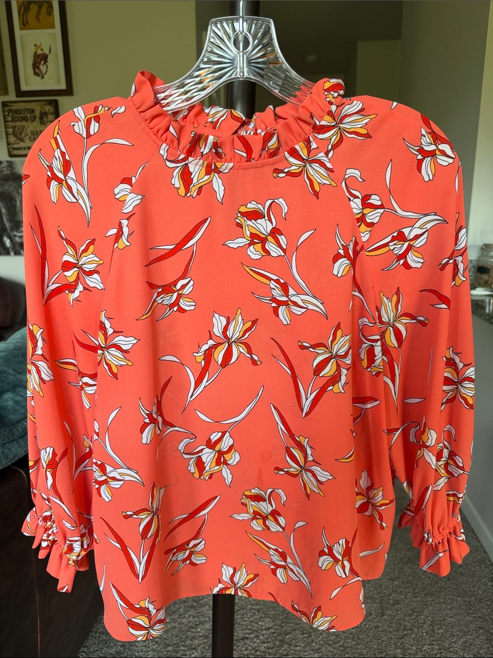 Worthington Coral Floral Ruffle-Neck Blouse